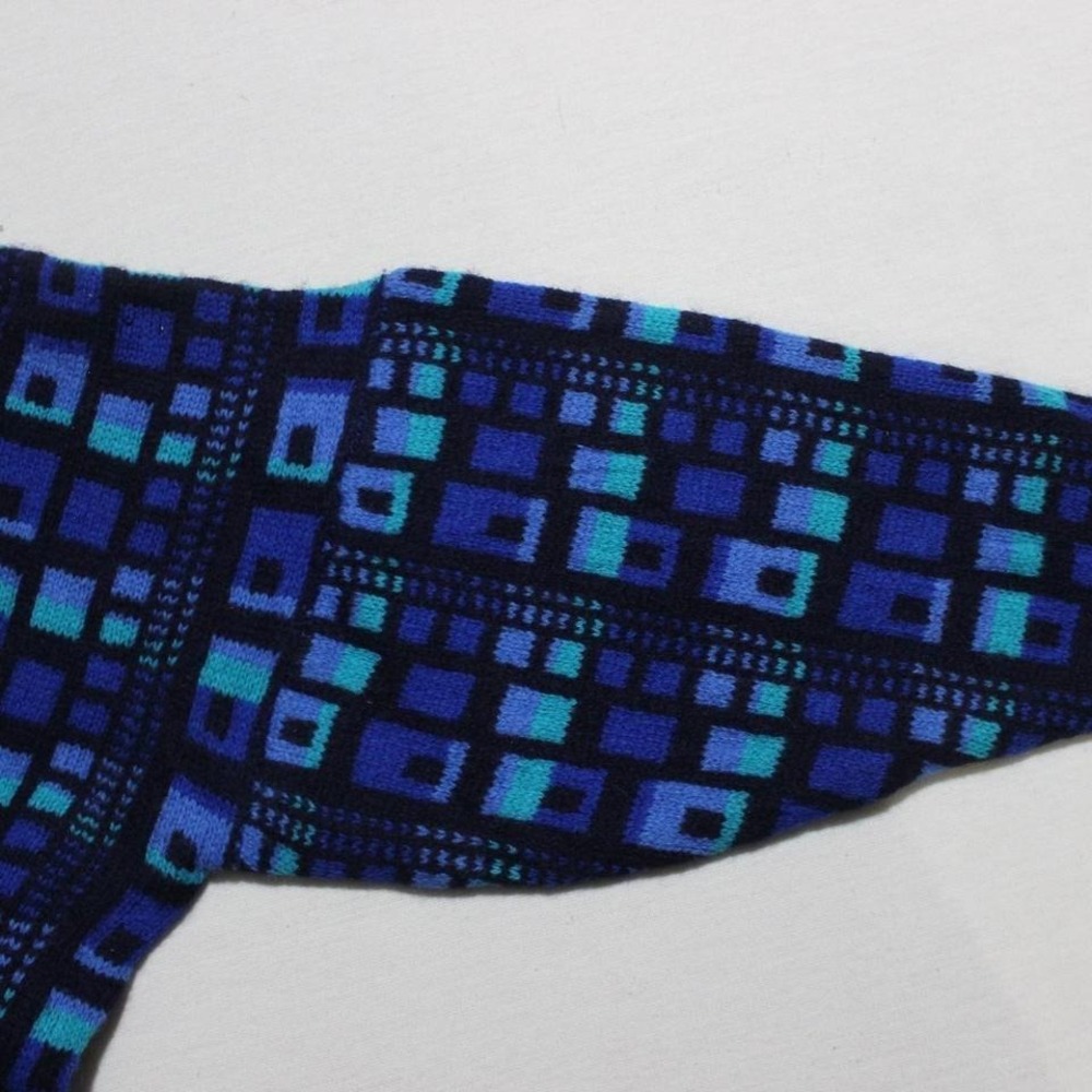 Mens Vintage 90s Abstract Blue Checkered Pattern Grandpa Sweater - Picture 5 of 8